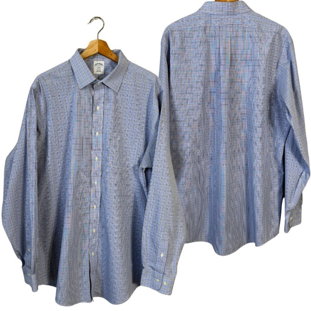 Brooks Brothers Regent Plaid Non Iron Button Up Dress Shirt Men's 17 6/7 Blue